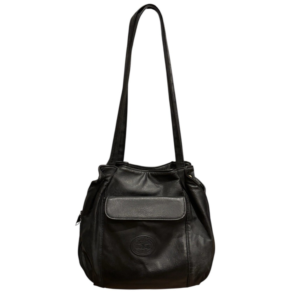 VTG 90s Tandem Woods Black Faux Leather Slouchy Shoulder Bag Tote Pockets EUC
